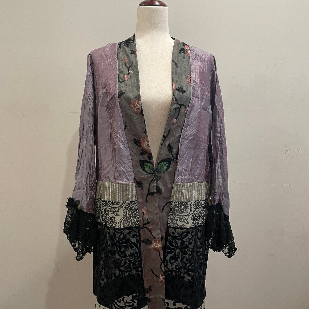 Lee Andersen Art to Wear Mixed Media Velvet Burnout Lace Trim Kimono Style Cardi - Picture 2 of 14